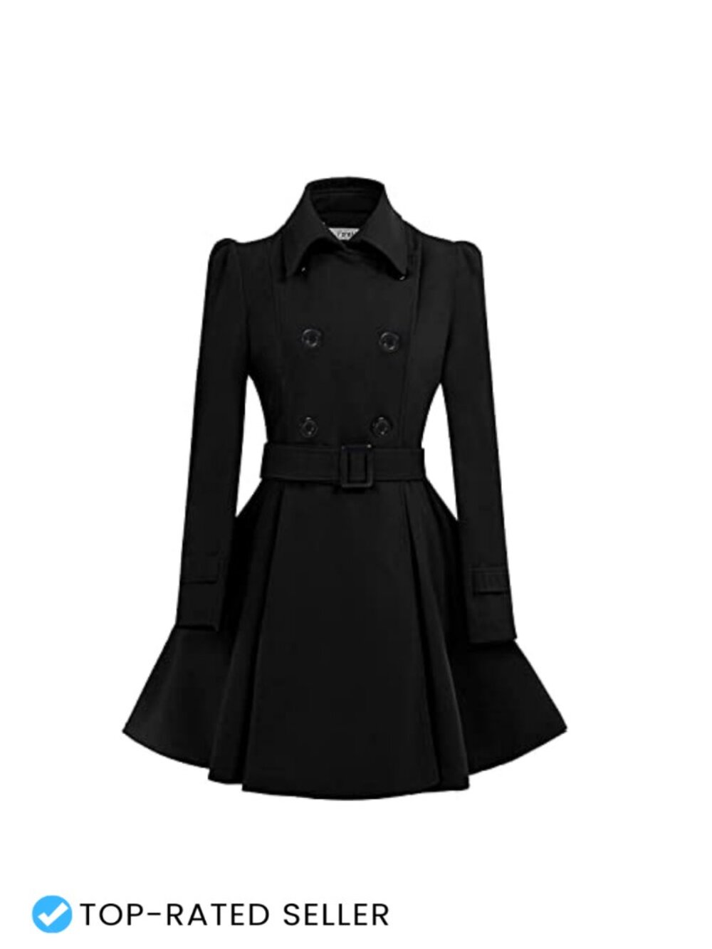 Wool Pea Coat Double Breasted Belted Fitted Flared Mid-Long Overcoat